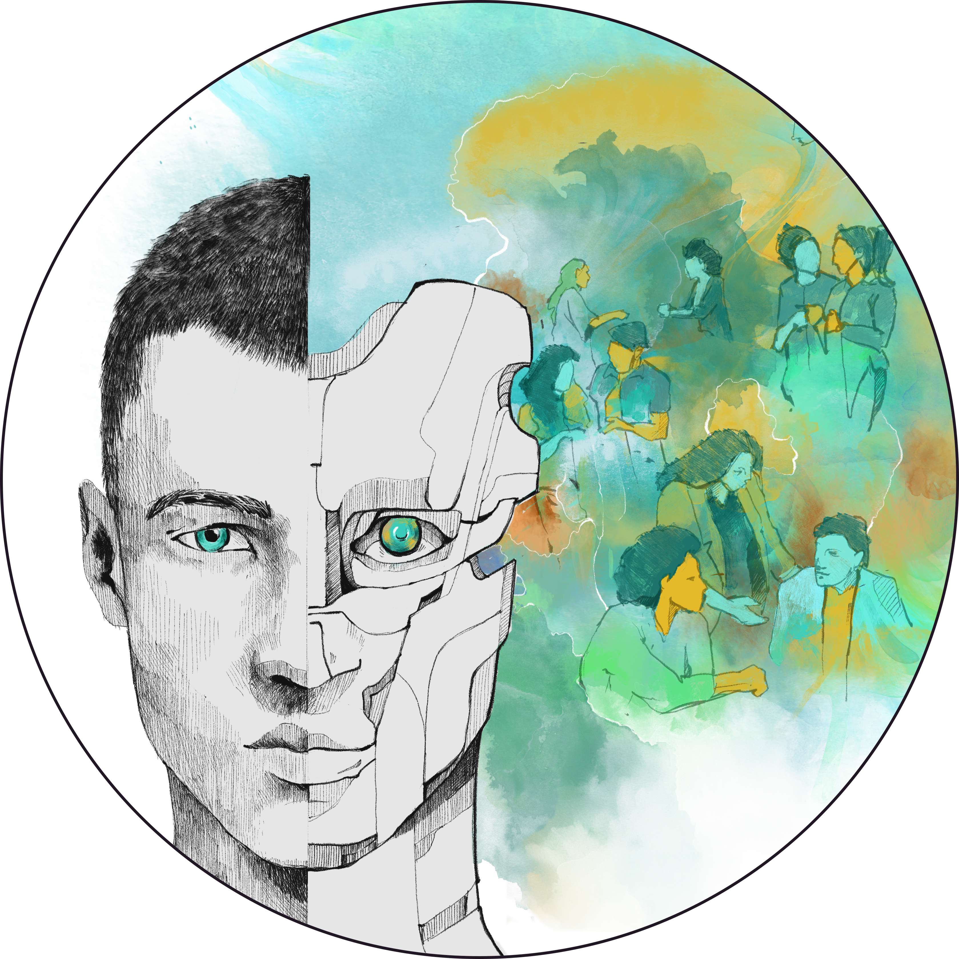 An abstract visualization of artificial intelligence understanding social human behavior. The image comprises of a human face with two halves; the left half an androgynous human, the right half a machine imagining social conversations.